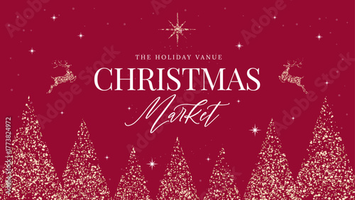 Luxury Christmas Market Banner with Gold Glitter Arch, Red Background, and Elegant Typography – Holiday Event Vector
