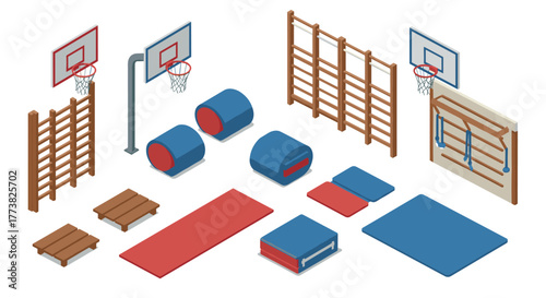 Isometric gym equipment setup with basketball hoops and gymnastic apparatus