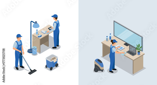 Isometric office cleaning concept with workers and equipment in professional uniforms