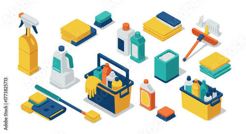 Isometric cleaning supplies collection household maintenance essentials in bold colors