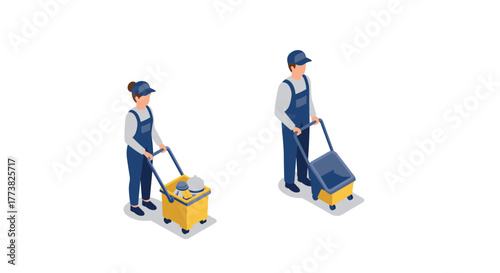 Isometric cleaning service workers with equipment in uniform
