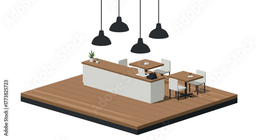 Isometric modern coffee shop interior with minimalist design elements