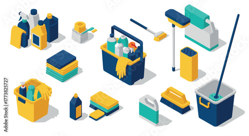 Isometric cleaning supplies set with buckets, mops, and detergents in modern style