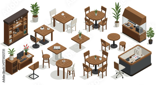 Cozy coffee shop furniture set with wooden tables and chairs in isometric style