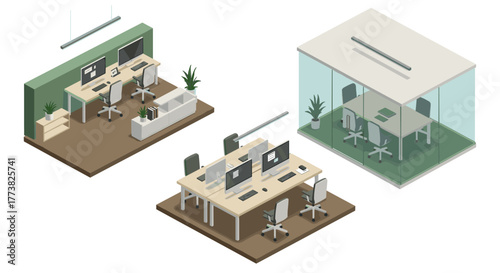 Modern isometric office layout with workstations and meeting room design