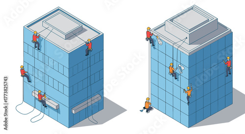 Isometric building maintenance workers rappelling on skyscrapers for window cleaning