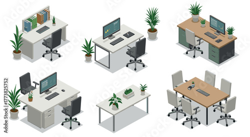 Modern isometric office workspaces with computers, desks, and plants