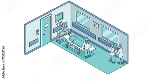 Isometric hospital room with medical staff and patient in bed
