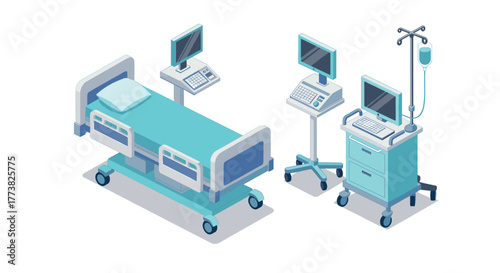 Modern hospital equipment in isometric style hightech medical devices and hospital bed