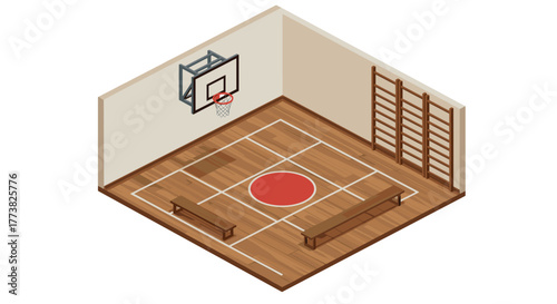 Isometric indoor basketball court with wooden floor and benches
