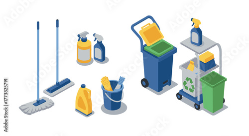 Cleaning equipment essentials with mop, spray bottles, buckets, and recycling bins in isometric design