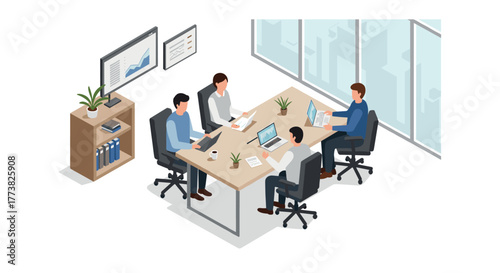 Modern office meeting with business team collaborating around a table in isometric workspace