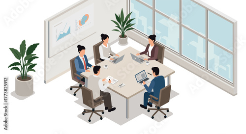 Collaborative team meeting in modern office with technology and charts in isometric style