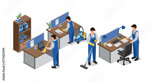 Isometric office cleaning scene with employees and equipment in modern workspace