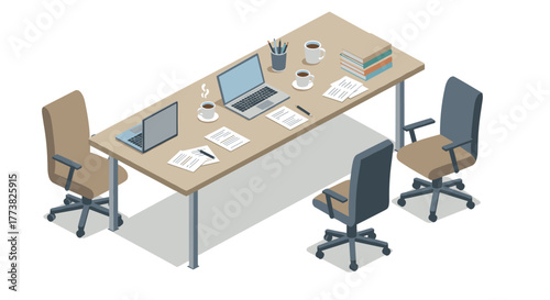 Modern office workspace with laptops and chairs in isometric style