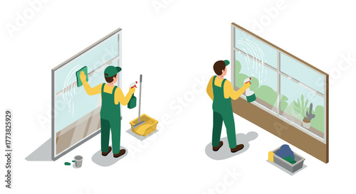 Isometric window cleaning service with workers in uniforms and supplies