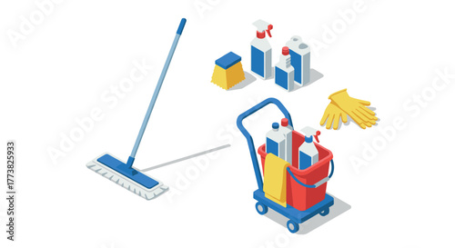 Isometric cleaning supplies with mop, detergents, and cleaning cart