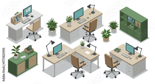 Modern office furniture arrangement in isometric style with desks and chairs