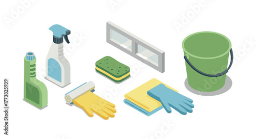 Essential cleaning supplies in isometric style for home and office maintenance
