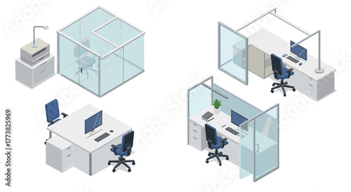 Modern office cubicles isometric design with desks and chairs