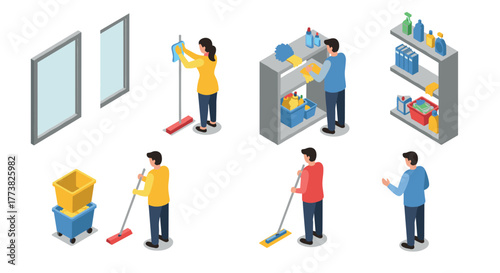 Isometric cleaning service workers with equipment and supplies in action