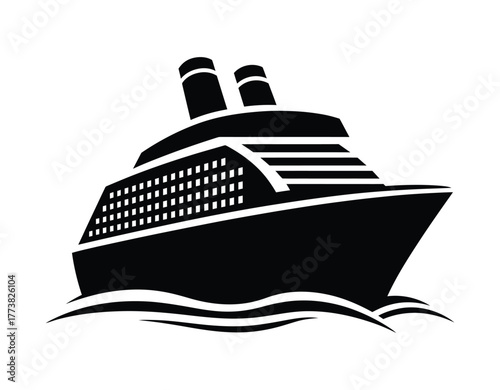 Black Cruise Ship Vector Icon on Water for Travel and Vacation Design