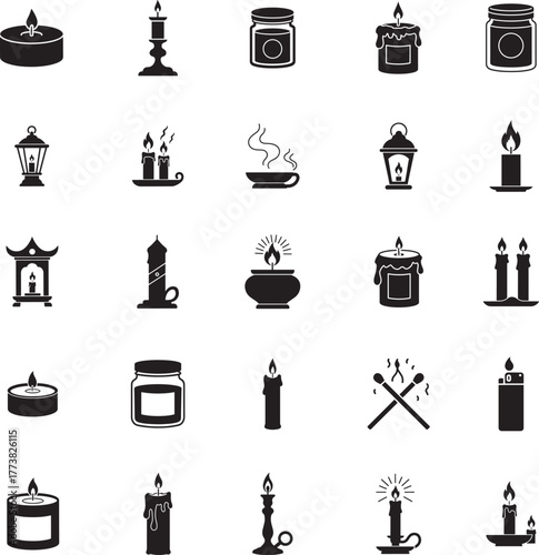 Candle Day Silhouette icon collection. Includes Silhouette symbols candle, light, flame, wax, decoration, relaxation and more. Candle icon set. Minimalist icons pack.