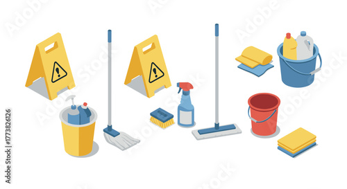 Isometric cleaning supplies mops, buckets, signs, and brushes for hygienic maintenance