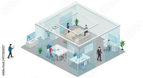 Modern office isometric design with open workspace and meeting rooms