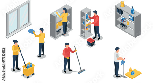 Office janitorial team cleaning desks and windows in isometric style