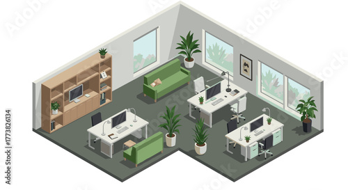 Modern isometric office space with plants and desks in minimalist design