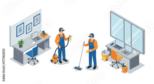 Professional office cleaning service scene with janitors and equipment in modern workspace