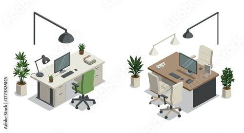 Modern isometric office workspace design with desks, plants, and computers