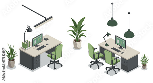 Modern isometric office desk setup with plants and computers for a productive workspace