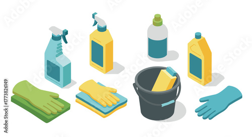 Isometric cleaning supplies set featuring gloves, sponges, spray bottles, and bucket