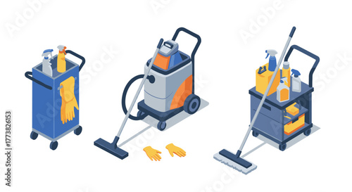 Cleaning equipment set with vacuum cleaner and janitorial carts in isometric style