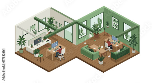 Modern office interior design with isometric perspective and green accents