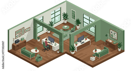 Modern home office interior design in isometric style with green accents