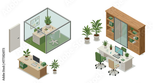 Modern isometric office spaces with plants and minimalist furniture design