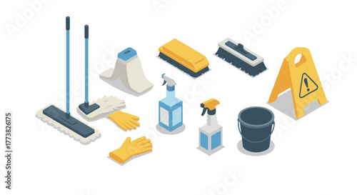Isometric cleaning supplies mop, gloves, soap, bucket, brushes, sign