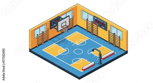 Isometric indoor basketball court with wall scoreboard and equipment