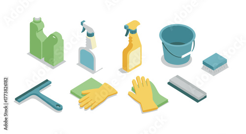 Isometric cleaning supplies collection bottles, brushes, and gloves on white background