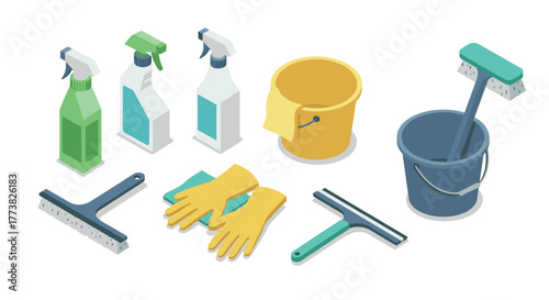 Isometric cleaning supplies set with gloves, spray bottles, buckets, and squeegees