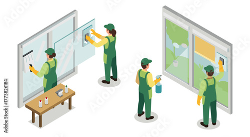 Window cleaning process in isometric style with professional workers and tools