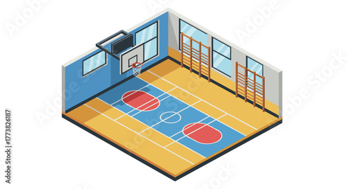 Isometric indoor basketball court with wooden floor and backboard