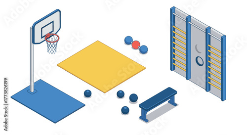 Isometric sports equipment with basketball hoop, gymnastics mat, and wall bars