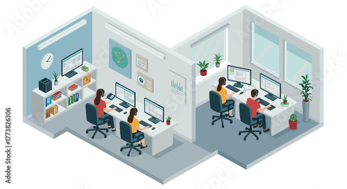 Modern office workspace with people working on computers in isometric style