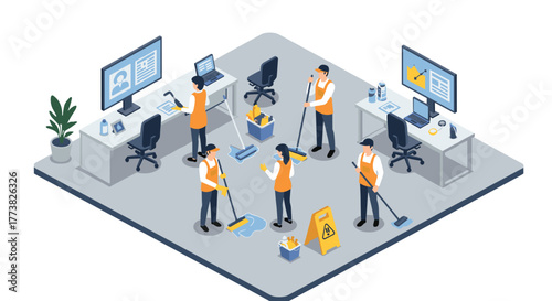 Office cleaning crew in action isometric view of janitors maintaining a modern workspace