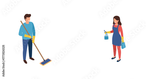 People cleaning with mops and spray bottles in a simple style