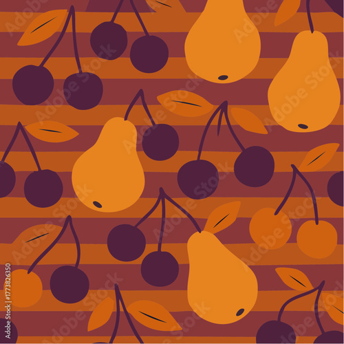 orchard stripe harvest pears and cherries warm folk fruit pattern